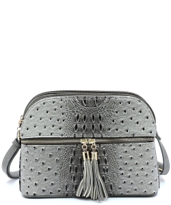 Ostrich Embossed Multi-Compartment Cross Body with Zip Tassel  OS050 GREY